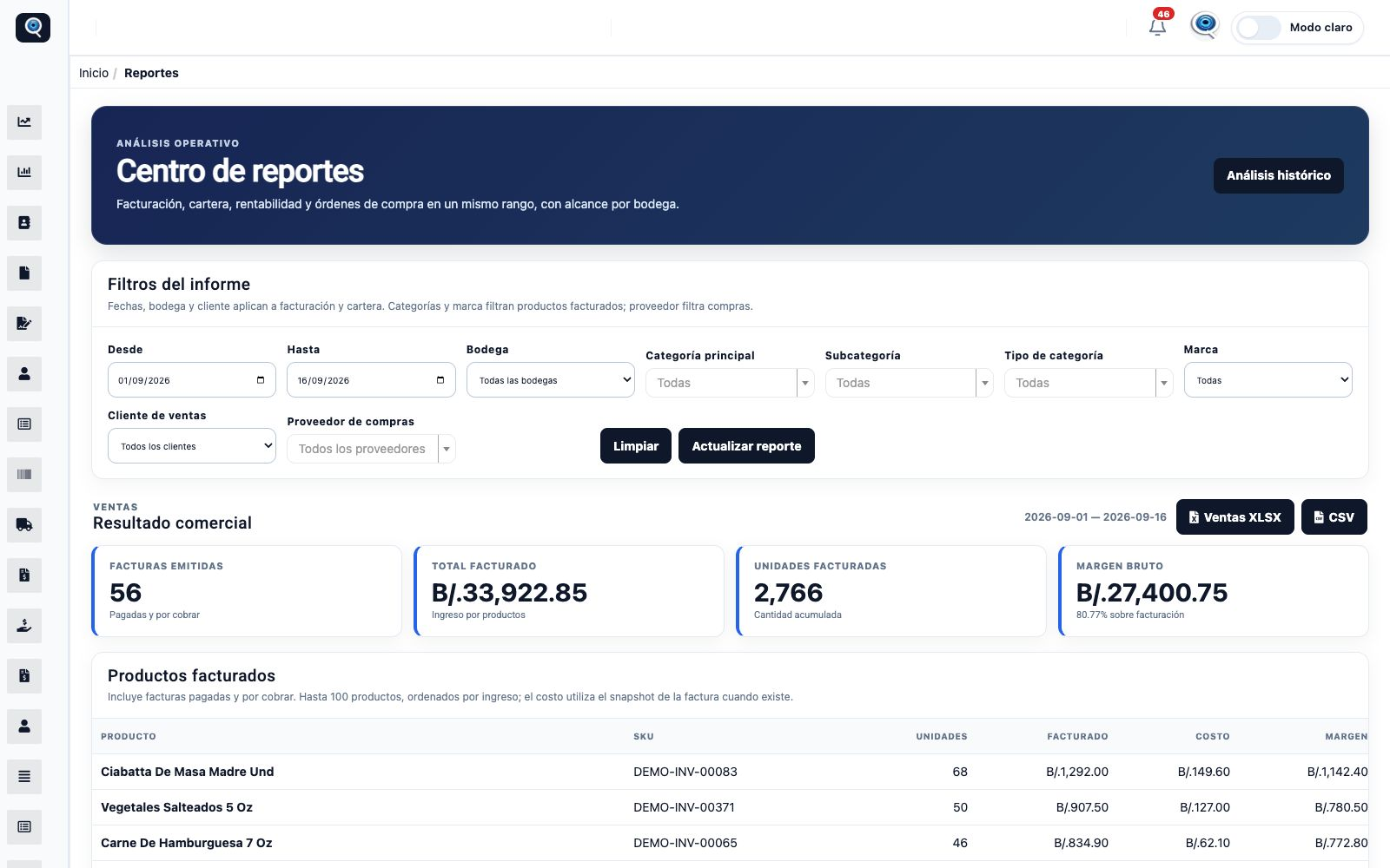 Pantalla del ERP: Centro de reportes
